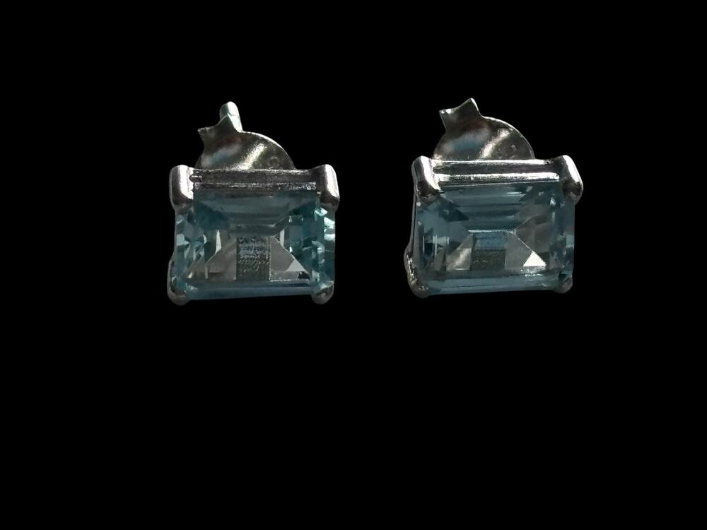 Emerald-cut Blue Topaz Solid 925 Sterling Silver Stud Earrings Signed